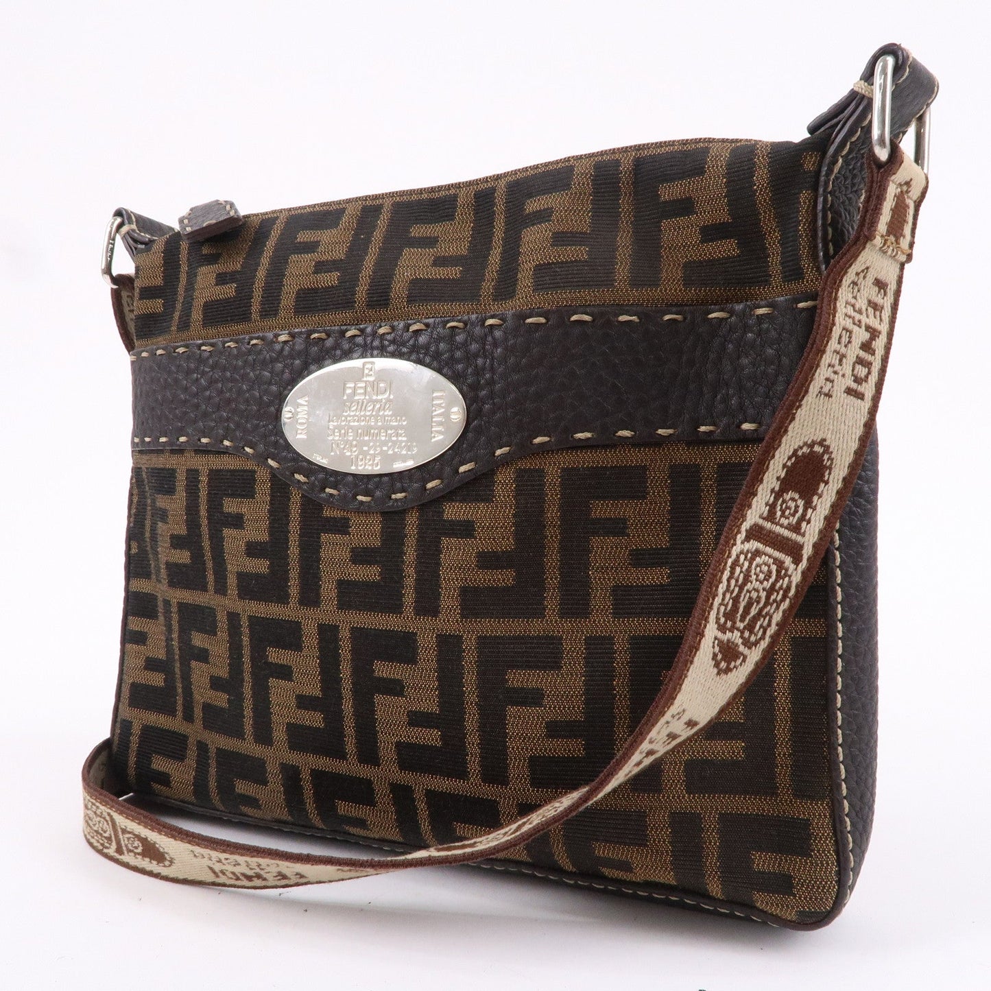 FENDI Zucca Selleria Canvas Leather Shoulder Bag Brown 8BT092