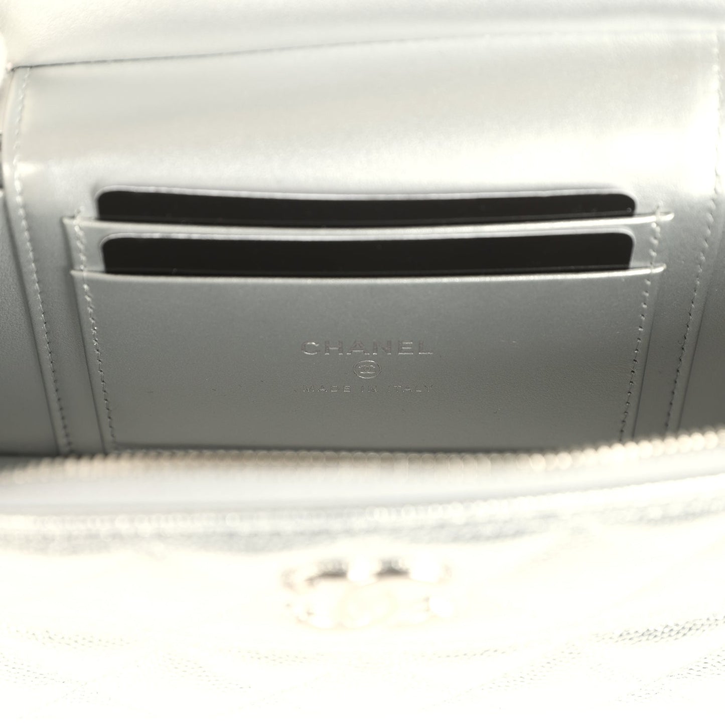 Chanel Top Handle Long Vanity Case with Chain Metallic Silver Shiny Caviar Silver Hardware