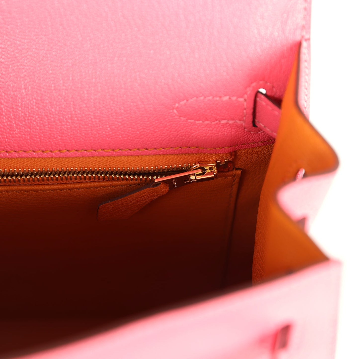 Hermes Special Order (HSS) Kelly Sellier 25 Rose Lipstick Verso Chevre Brushed Gold Hardware