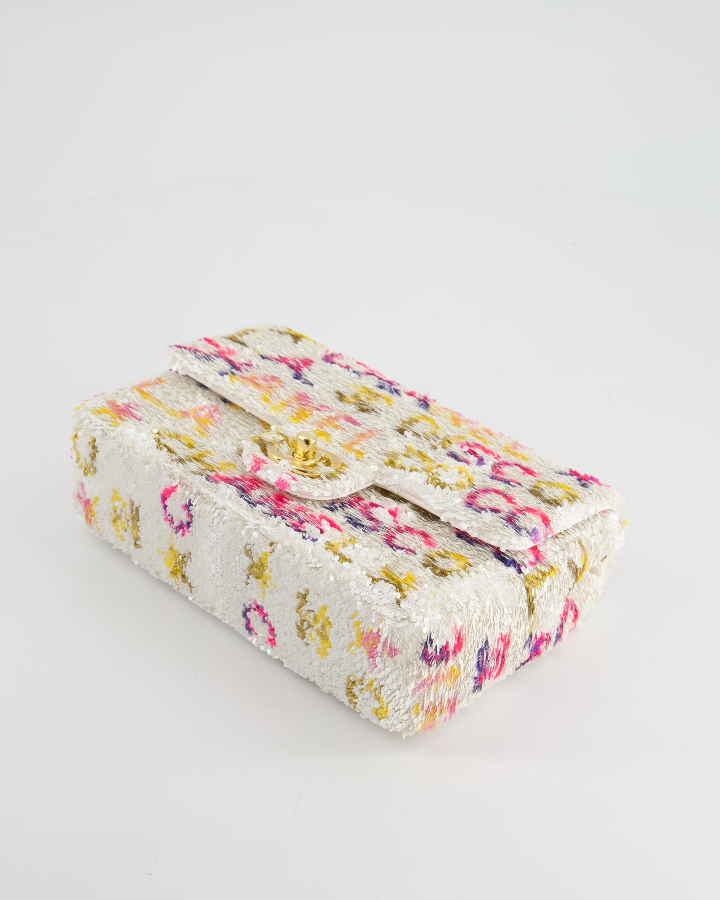 & CURRENT SEASON* Chanel Cruise 2024 White, Yellow, Pink and Blue Sequin Small Flap Bag with Gold Hardware