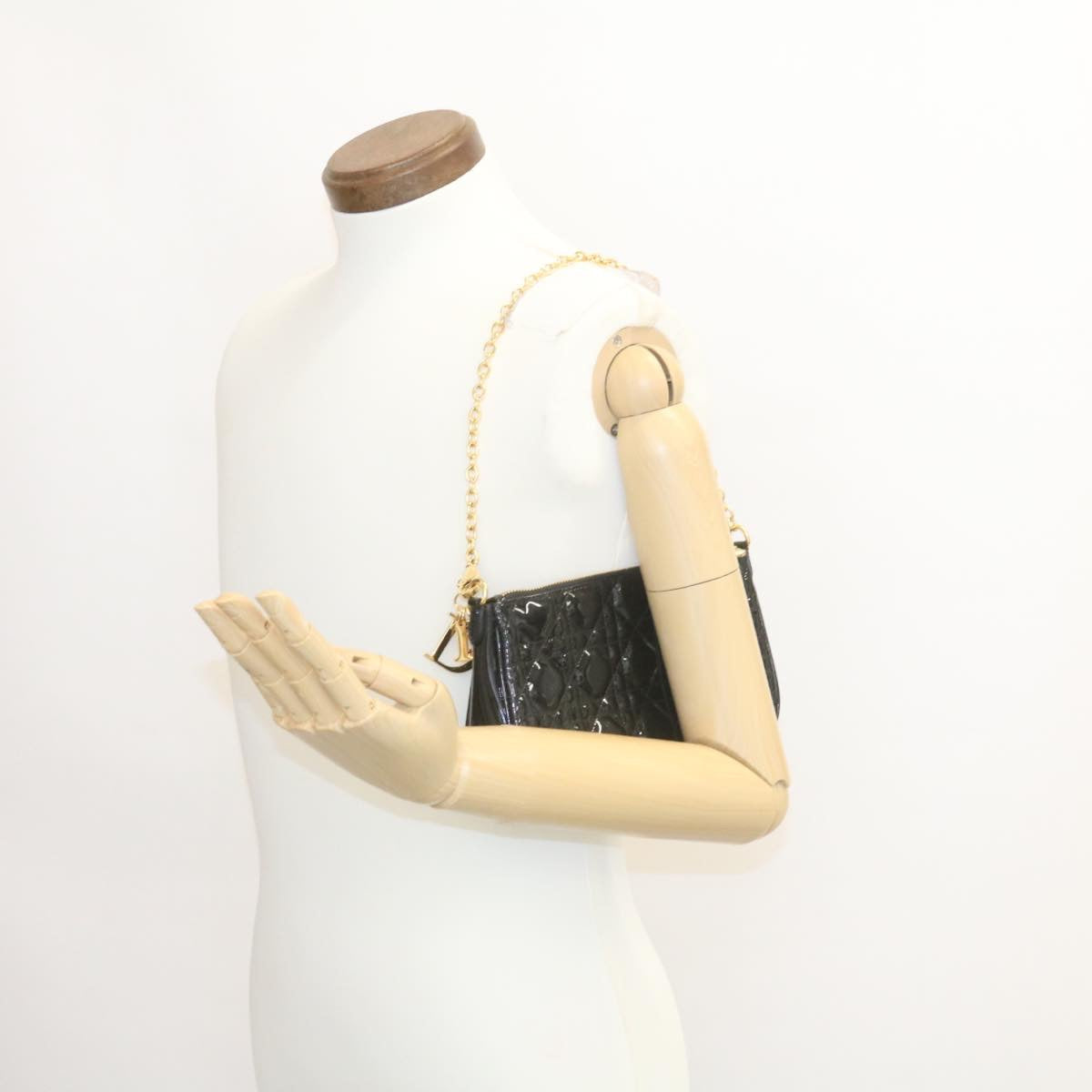 CHRISTIAN DIOR Chain Lady Dior Accessory Pouch Enamel Black Auth am427b