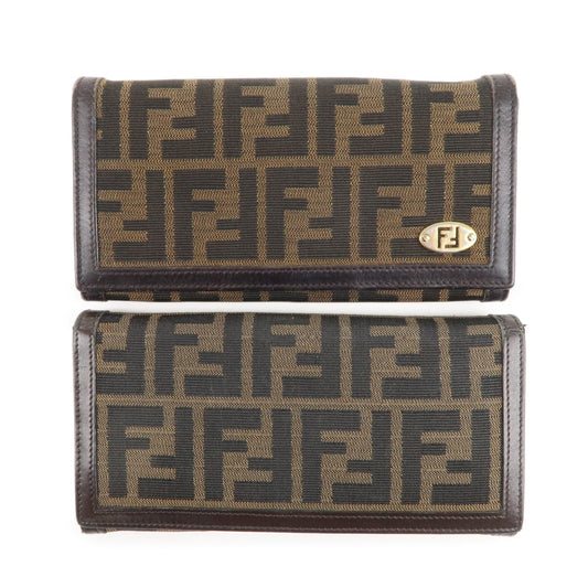 FENDI Zucca Set of 2 Canvas Leather Bi-fold Wallet Brown Black