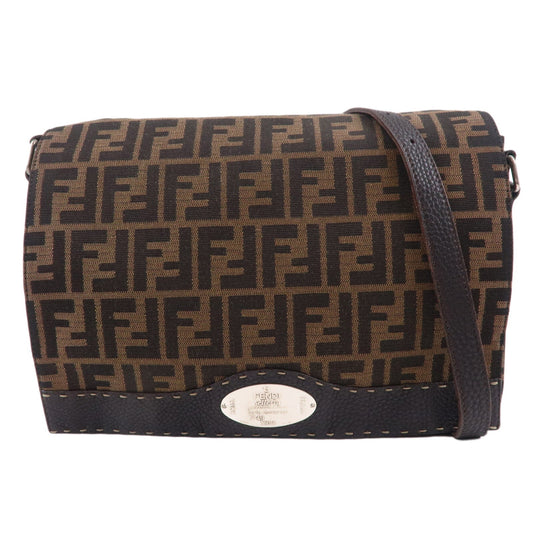 FENDI Zucca Selleria Canvas Leather Shoulder Bag Brown 8BT116
