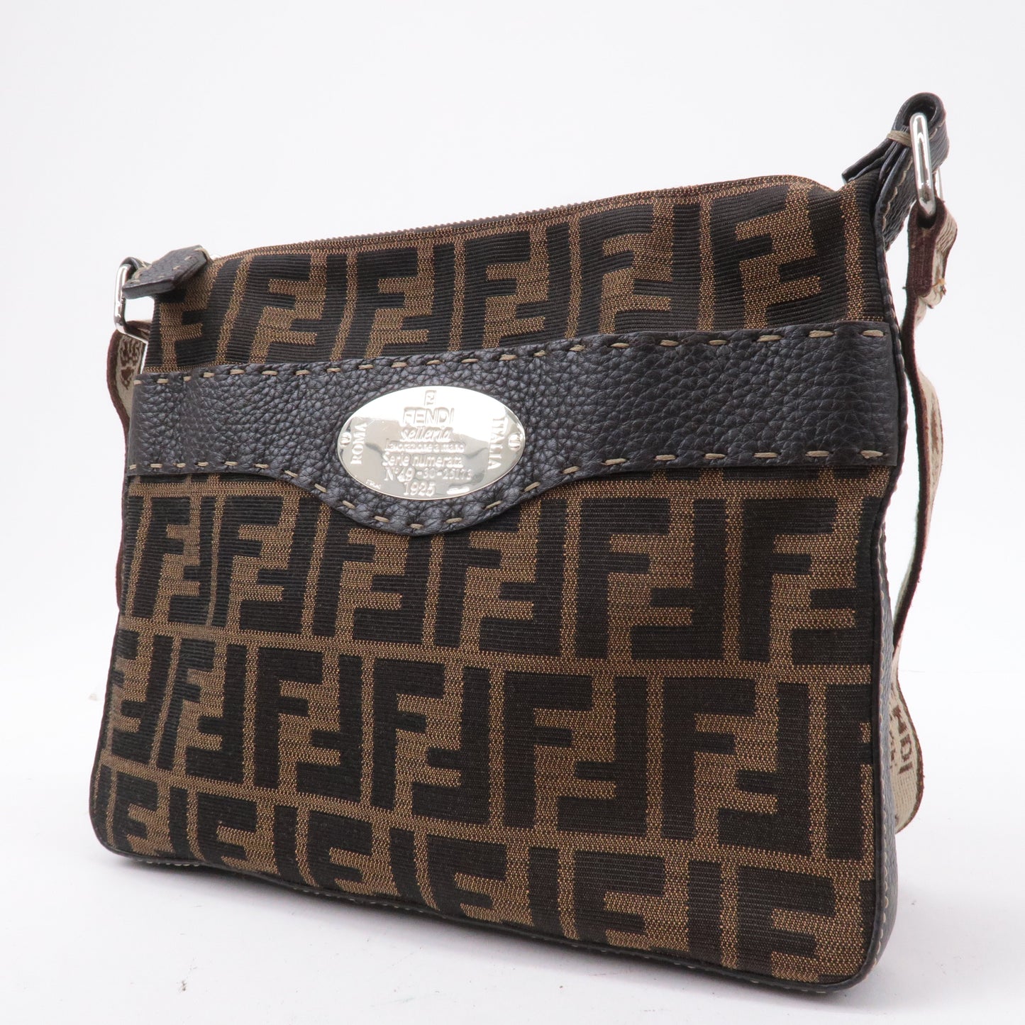 FENDI Zucca Selleria Canvas Leather Shoulder Bag Brown 8BT092