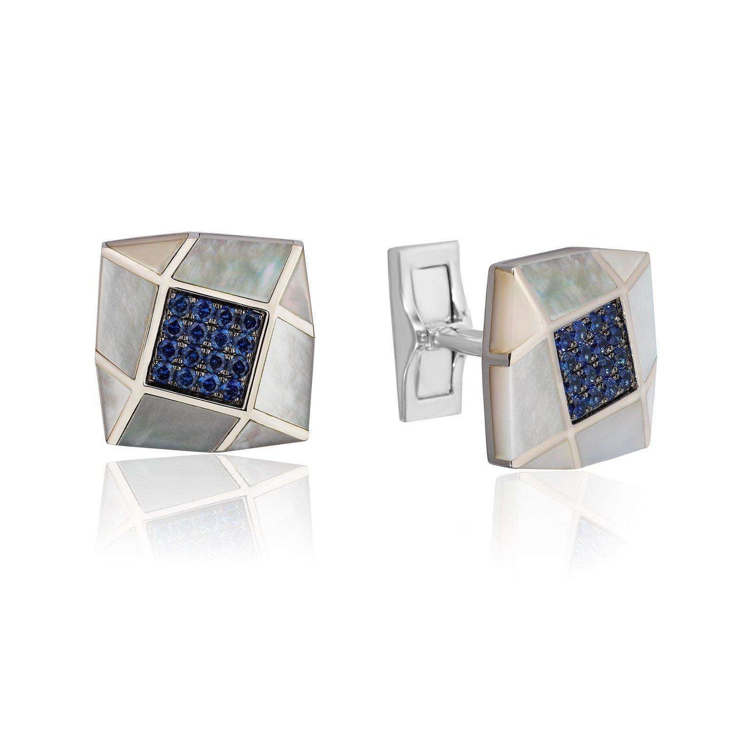 18k White Gold Cufflinks with Pinctada Maxima Set with Blue Sapphires