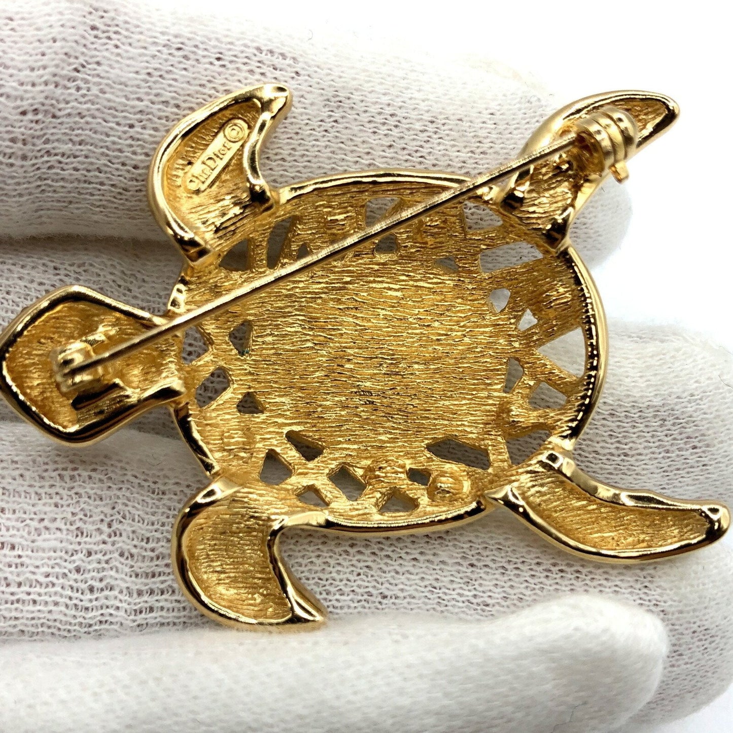 CHRISTIAN DIOR Brooch Turtle Motif Rhinestone Gold Accessories Women's