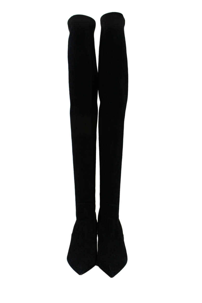 Dior Womens Black Suede Kitten Heels Over Knee Boots Shoes