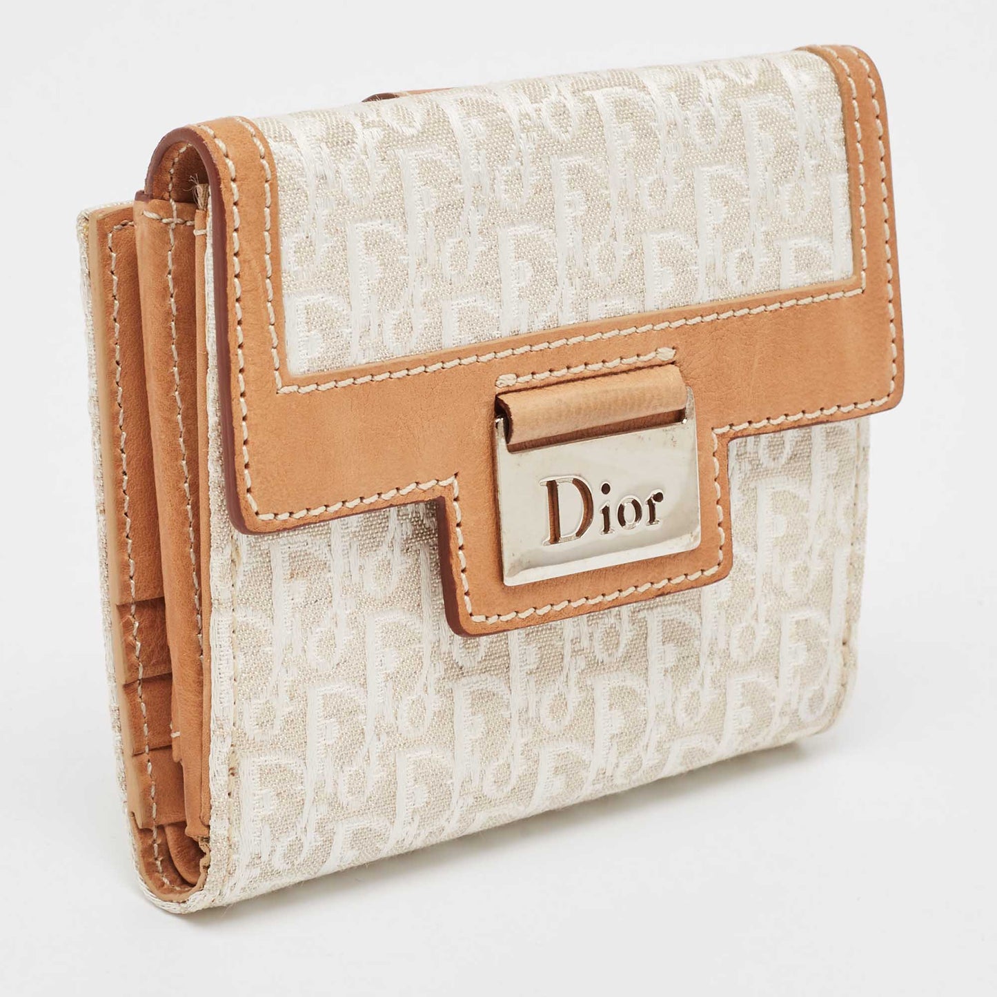 Dior White/brown Oblique Canvas And Leather Street Chic Compact Wallet