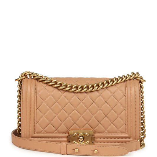 Preowned Chanel Medium Boy Bag Dark Beige Lambskin Antique Gold Hardware