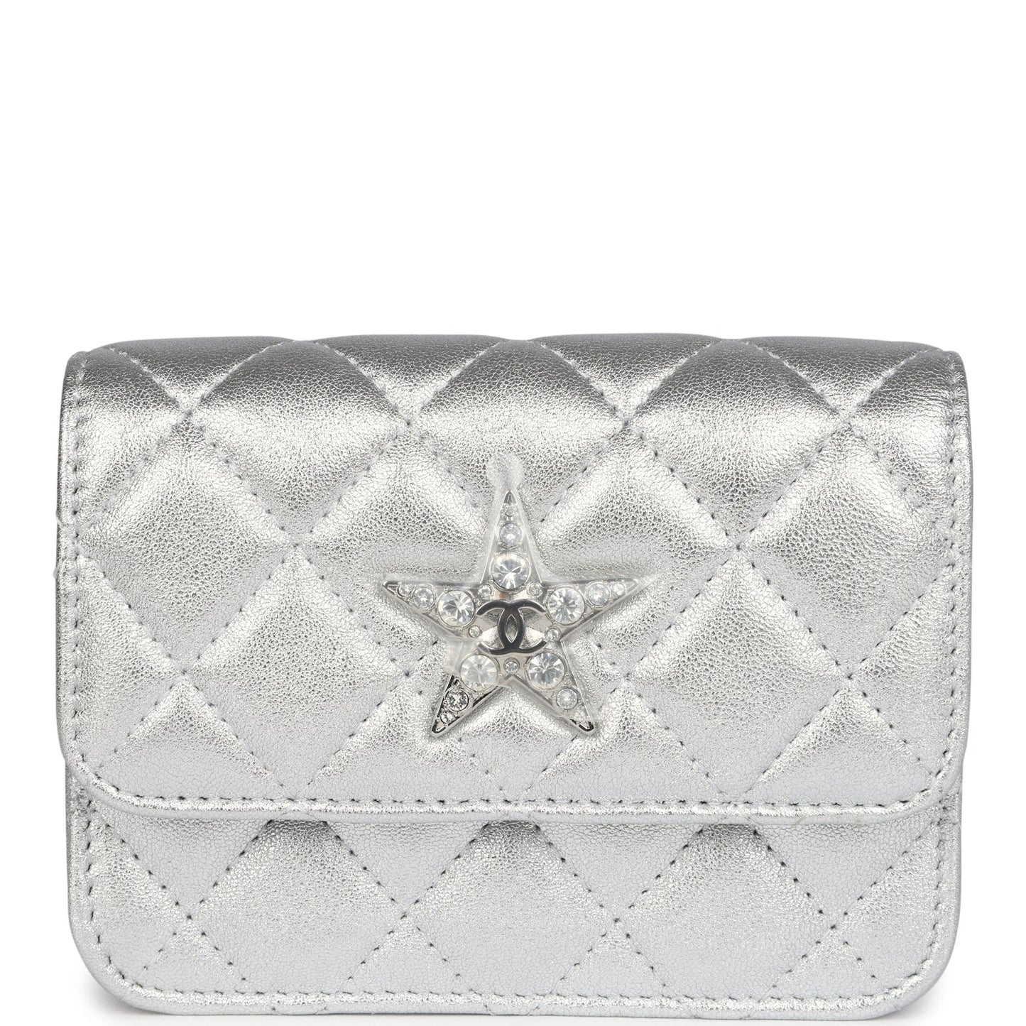 Chanel Crystal CC Walk Of Fame Clutch on Chain Silver Metallic Goatskin Silver Hardware