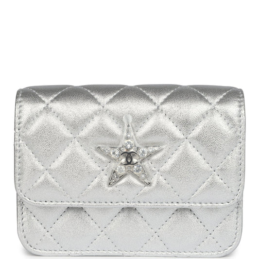 Chanel Crystal CC Walk Of Fame Clutch on Chain Silver Metallic Goatskin Silver Hardware