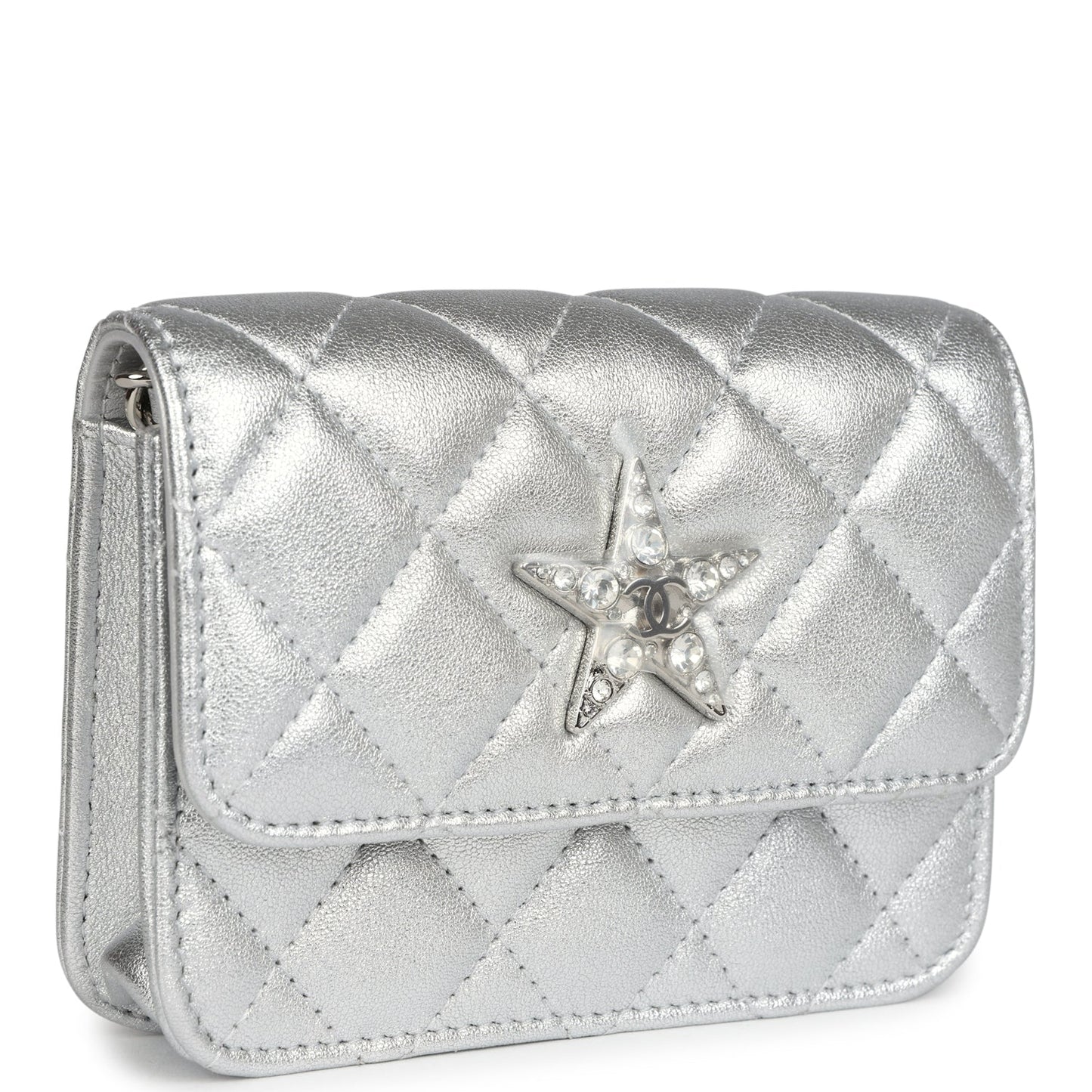 Chanel Crystal CC Walk Of Fame Clutch on Chain Silver Metallic Goatskin Silver Hardware