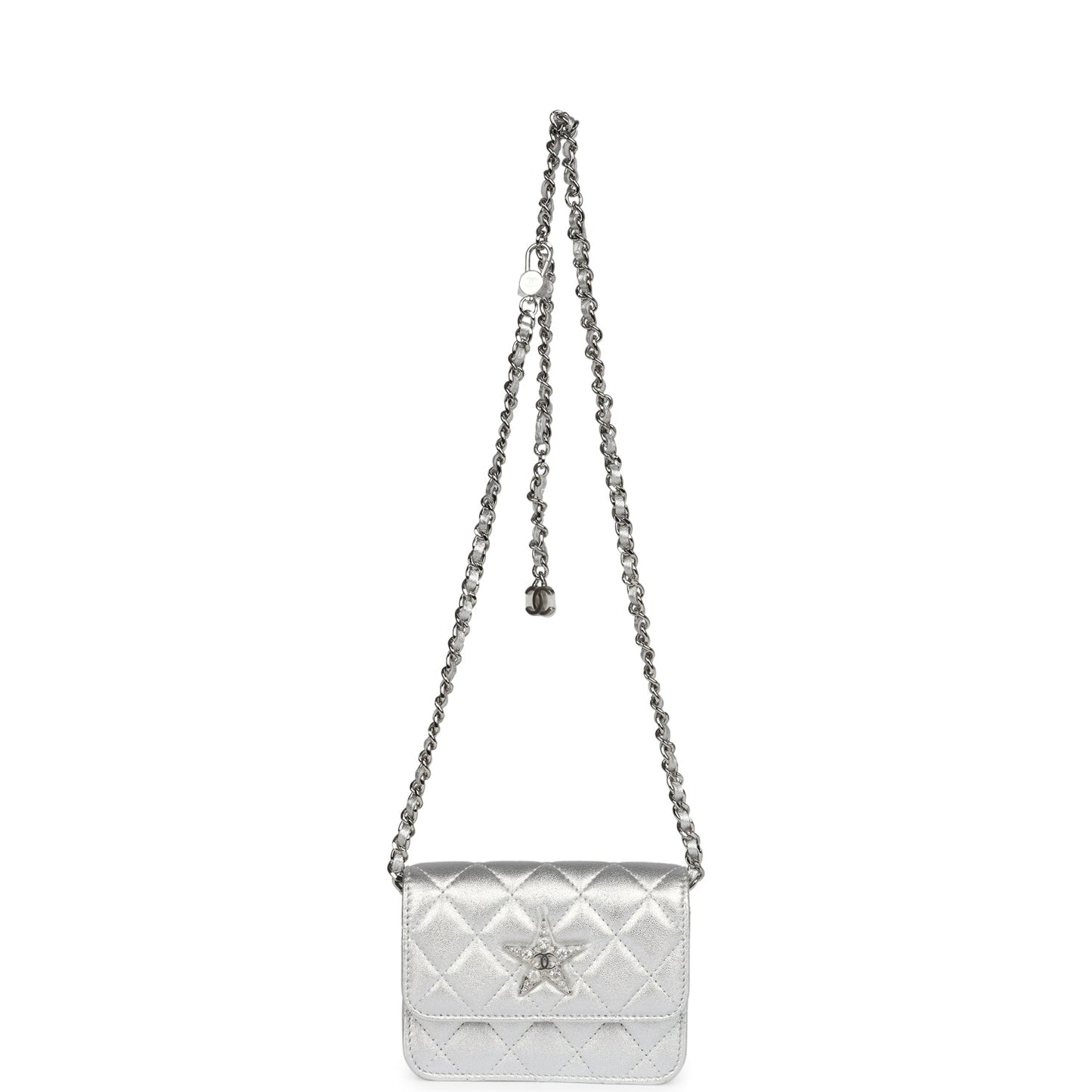 Chanel Crystal CC Walk Of Fame Clutch on Chain Silver Metallic Goatskin Silver Hardware