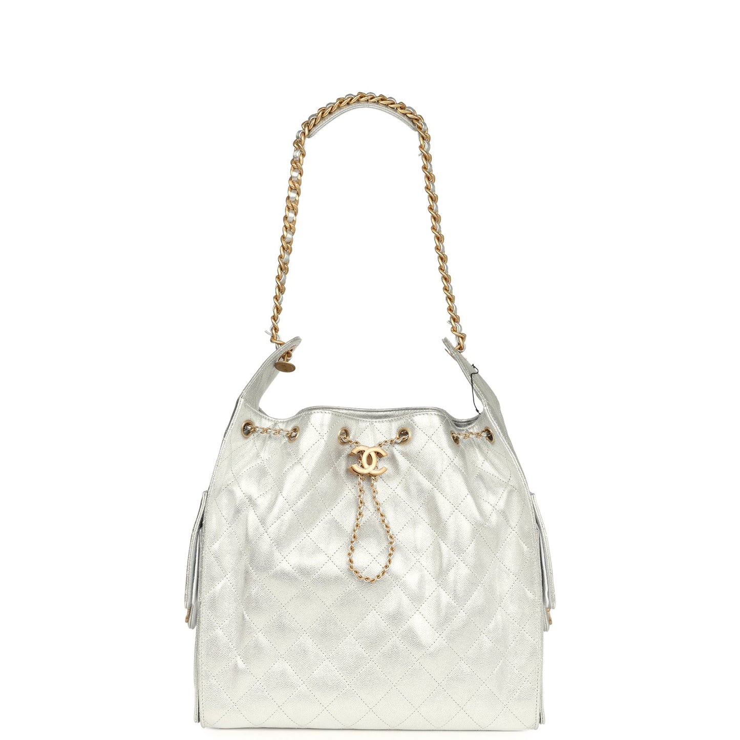 Chanel Medium 25 Hobo Bag Metallic Silver Caviar Antique Gold Hardware