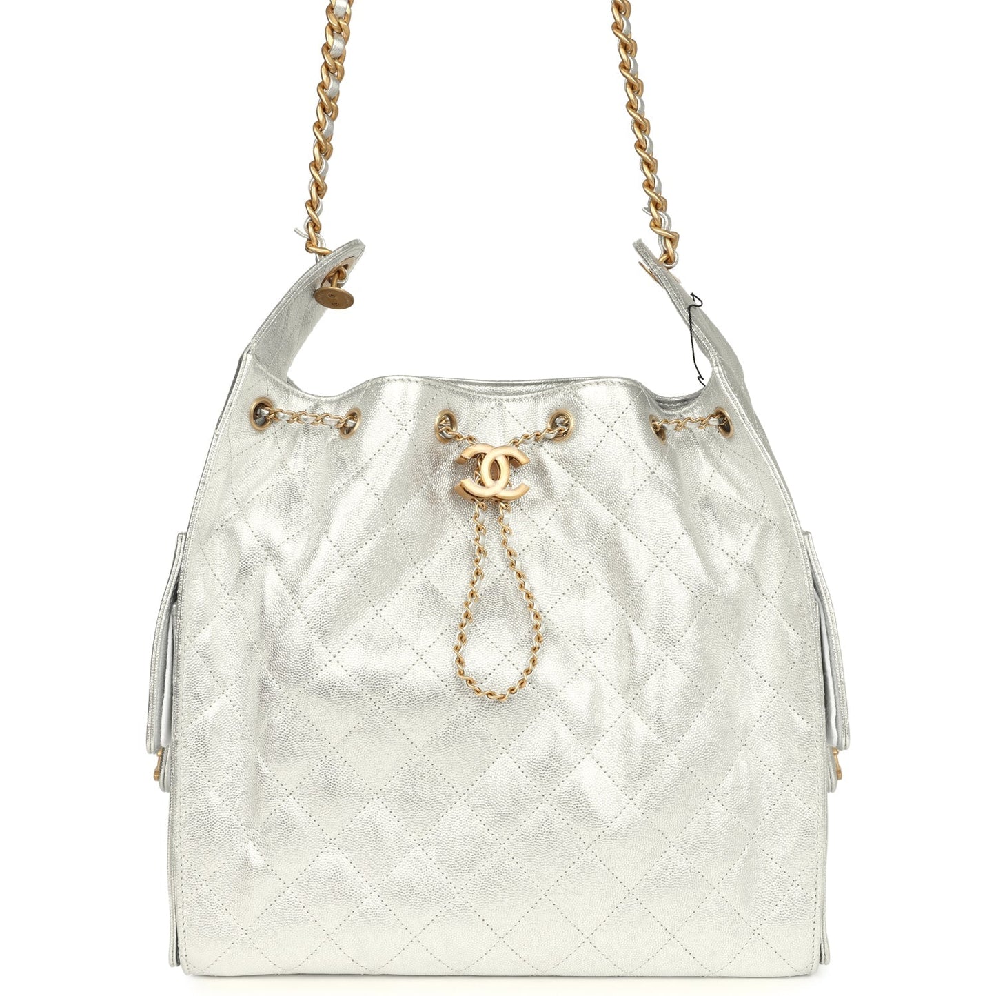 Chanel Medium 25 Hobo Bag Metallic Silver Caviar Antique Gold Hardware