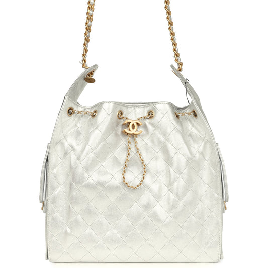 Chanel Medium 25 Hobo Bag Metallic Silver Caviar Antique Gold Hardware