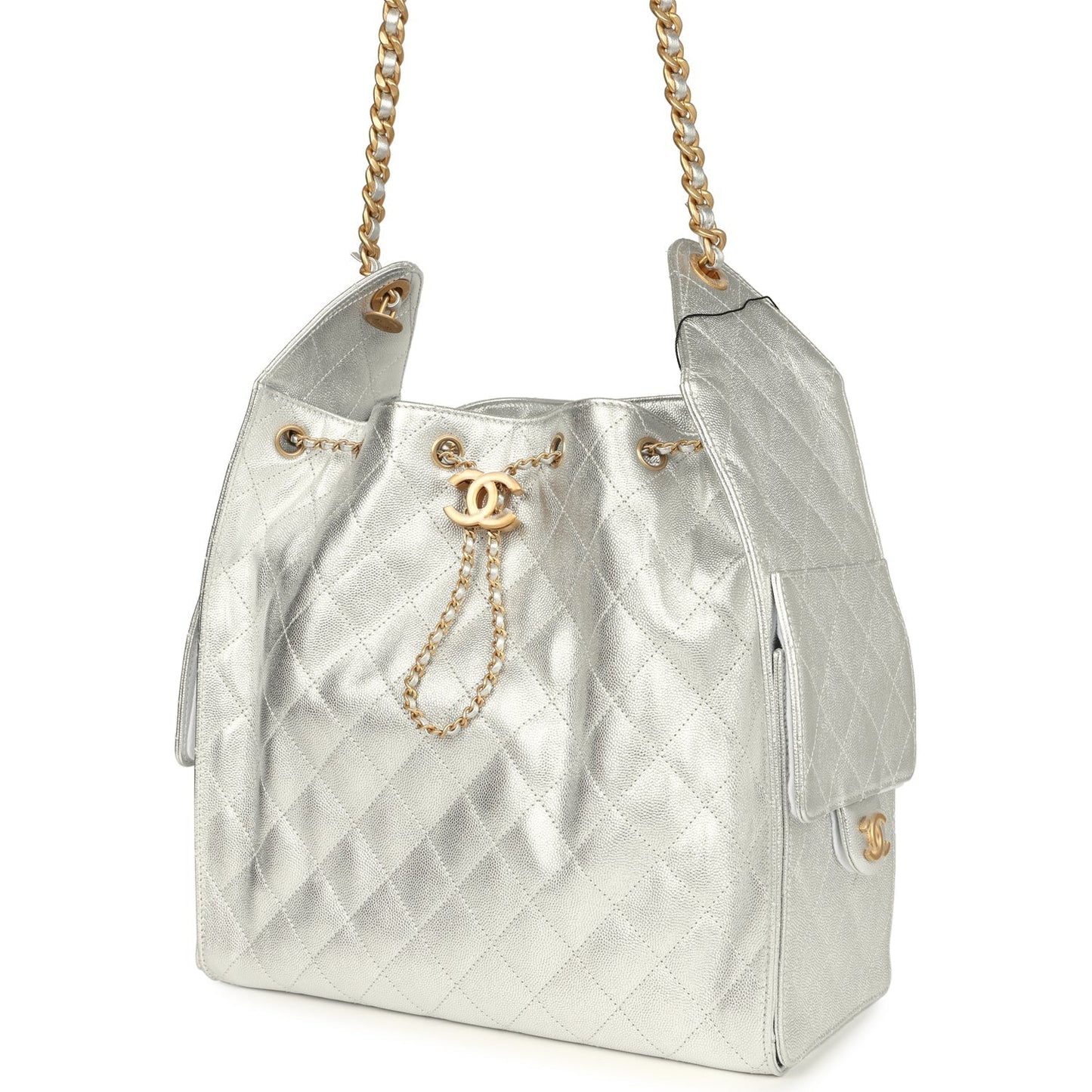 Chanel Medium 25 Hobo Bag Metallic Silver Caviar Antique Gold Hardware