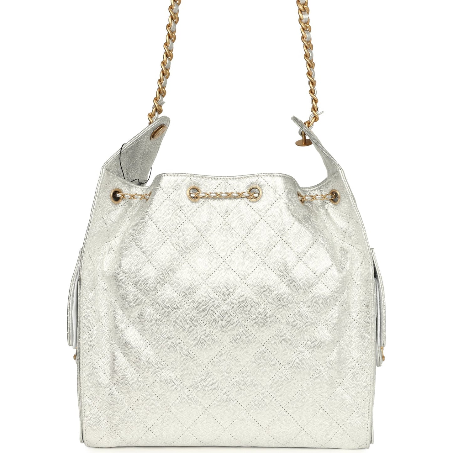 Chanel Medium 25 Hobo Bag Metallic Silver Caviar Antique Gold Hardware