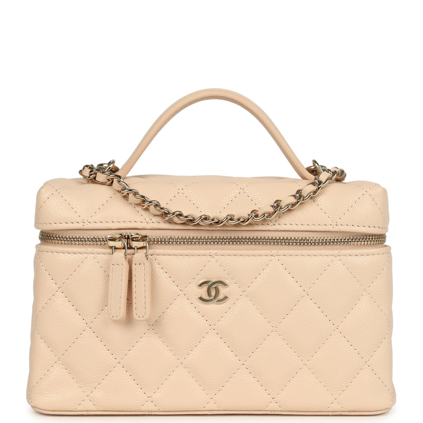 Chanel Top Handle Long Vanity Case with Chain Light Beige Shiny Caviar Light Gold Hardware