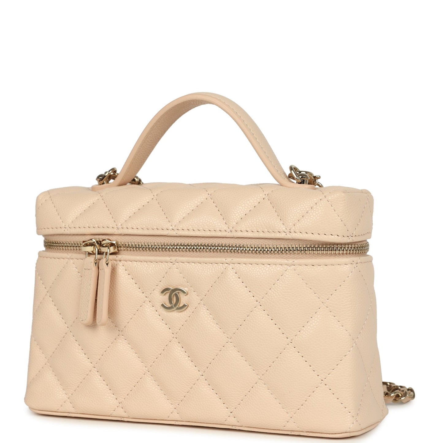 Chanel Top Handle Long Vanity Case with Chain Light Beige Shiny Caviar Light Gold Hardware