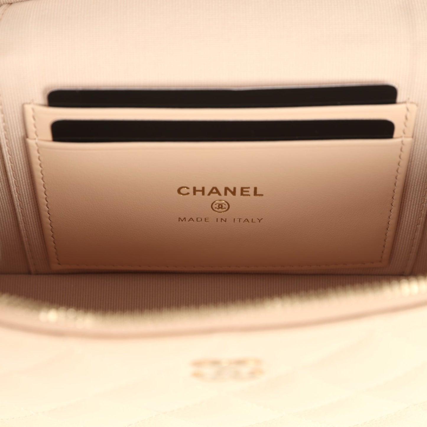Chanel Top Handle Long Vanity Case with Chain Light Beige Shiny Caviar Light Gold Hardware