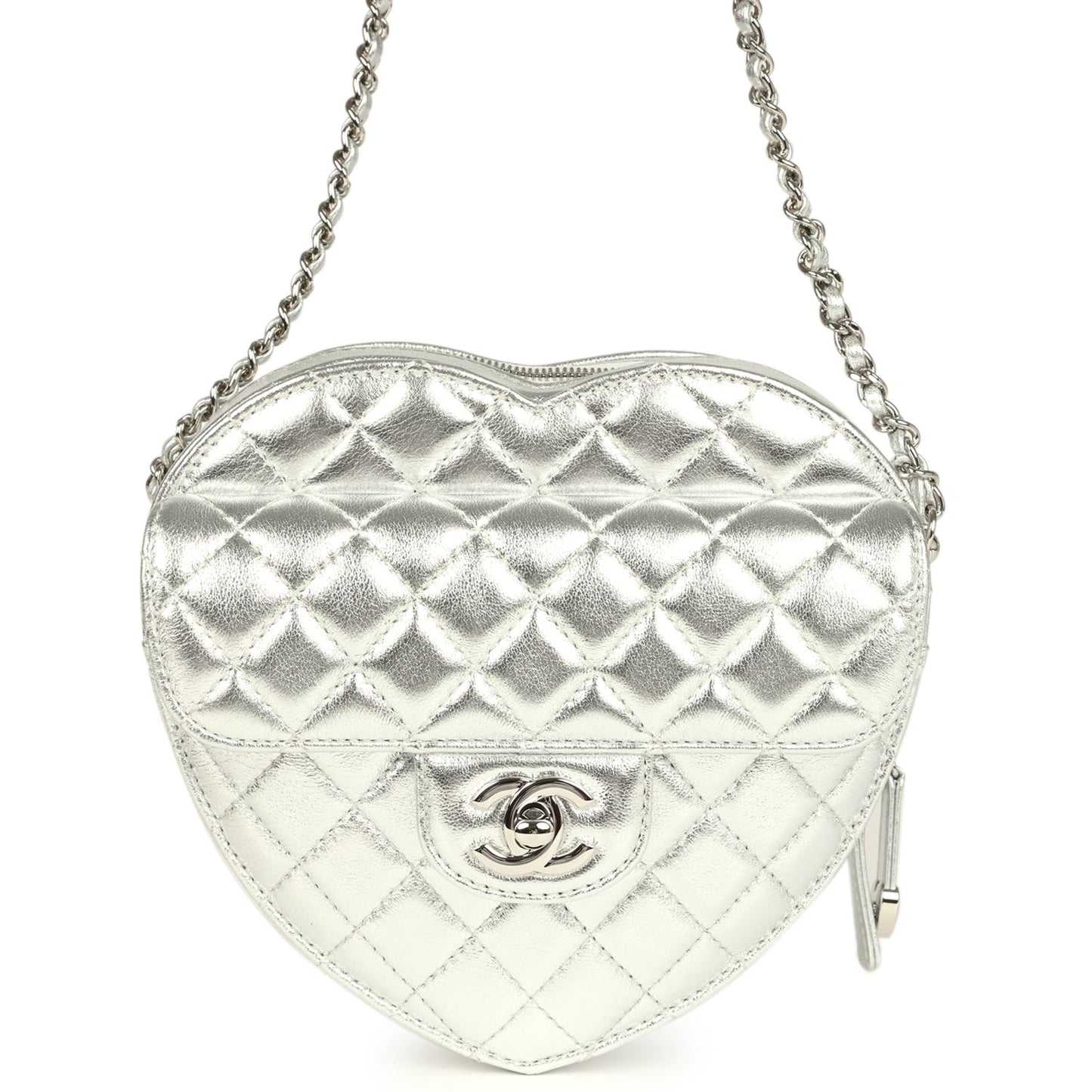 Chanel CC In Love Large Heart Bag with Chain Silver Metallic Lambskin Silver Hardware