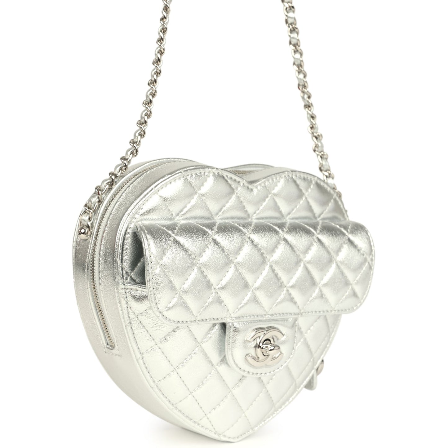 Chanel CC In Love Large Heart Bag with Chain Silver Metallic Lambskin Silver Hardware