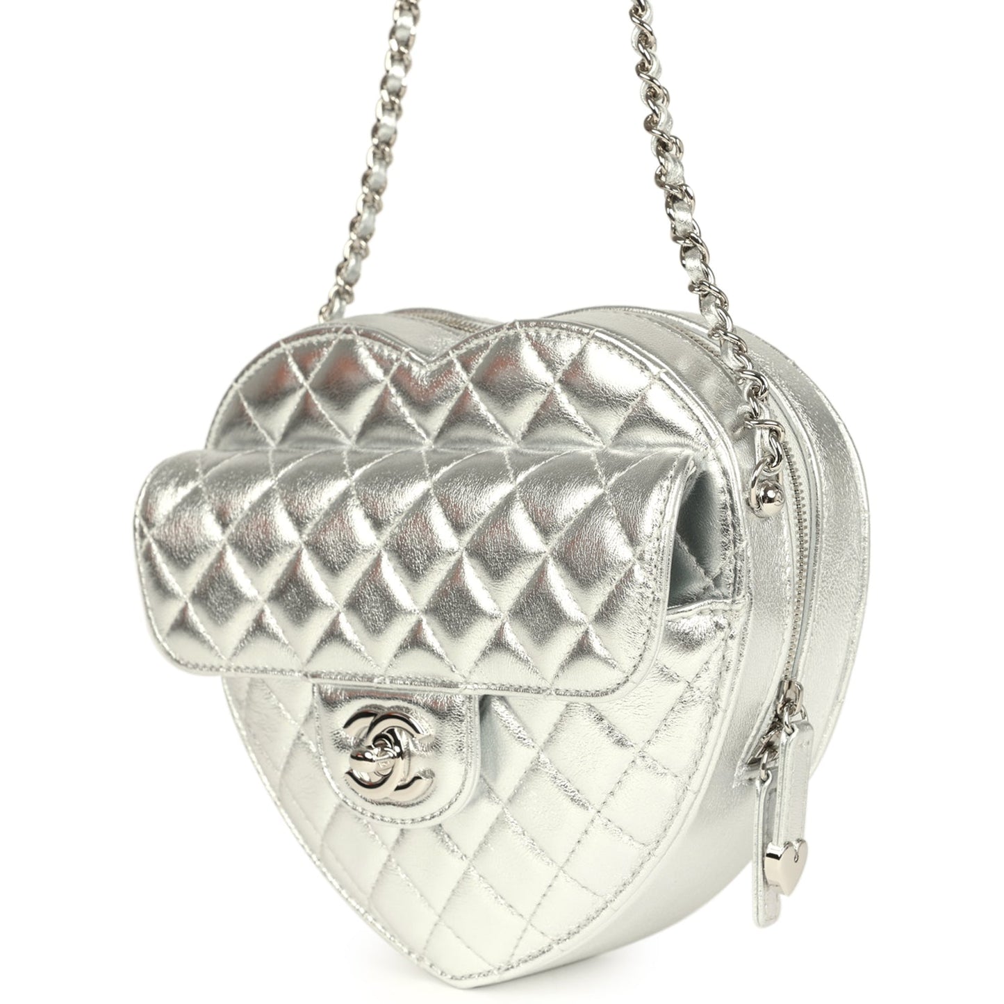 Chanel CC In Love Large Heart Bag with Chain Silver Metallic Lambskin Silver Hardware