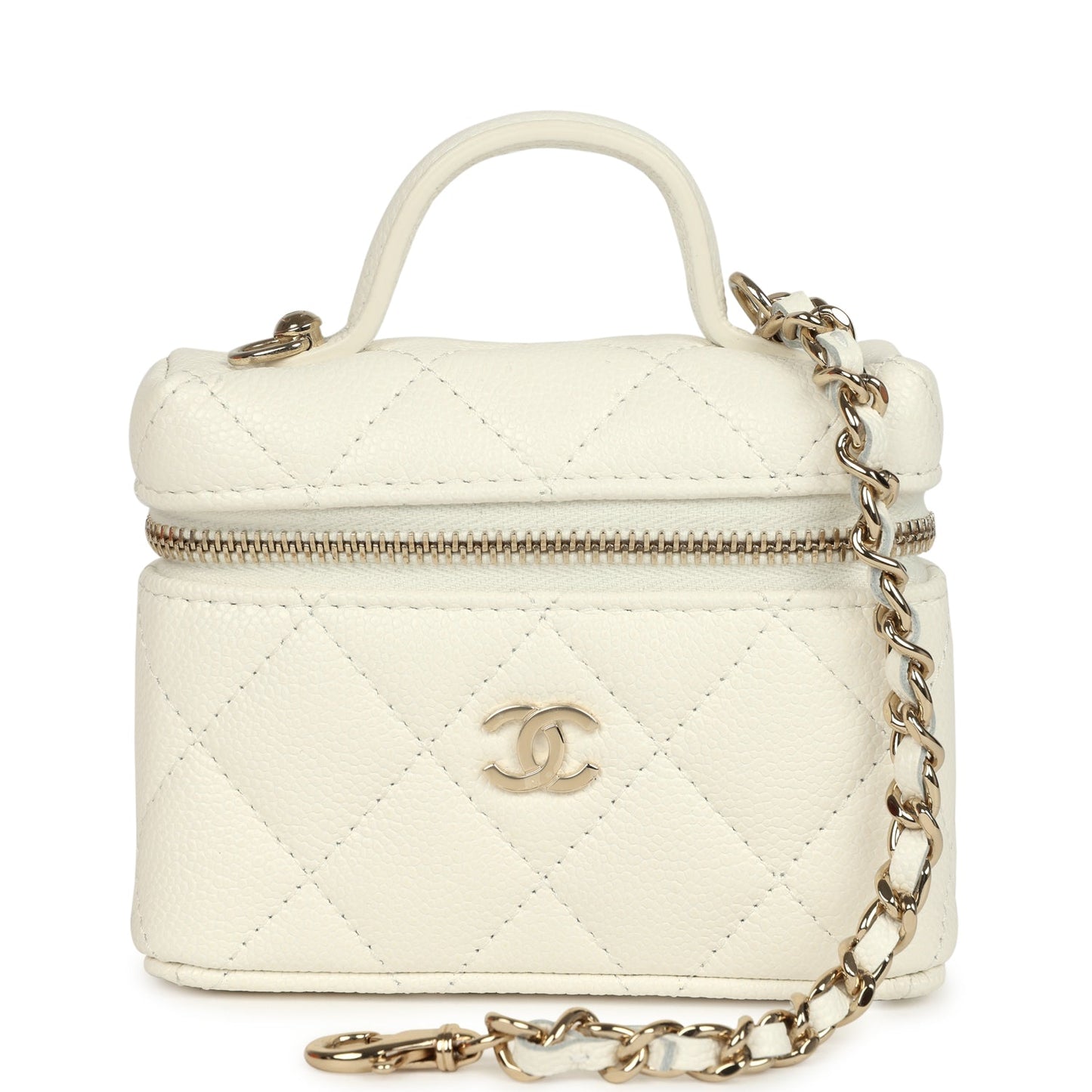 Chanel Micro Top Handle Vanity Case Bag Charm White Shiny Caviar Light Gold Hardware