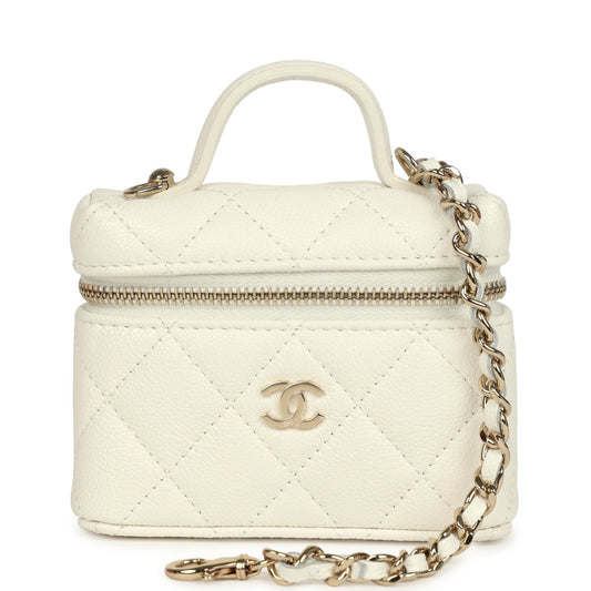 Chanel Micro Top Handle Vanity Case Bag Charm White Shiny Caviar Light Gold Hardware