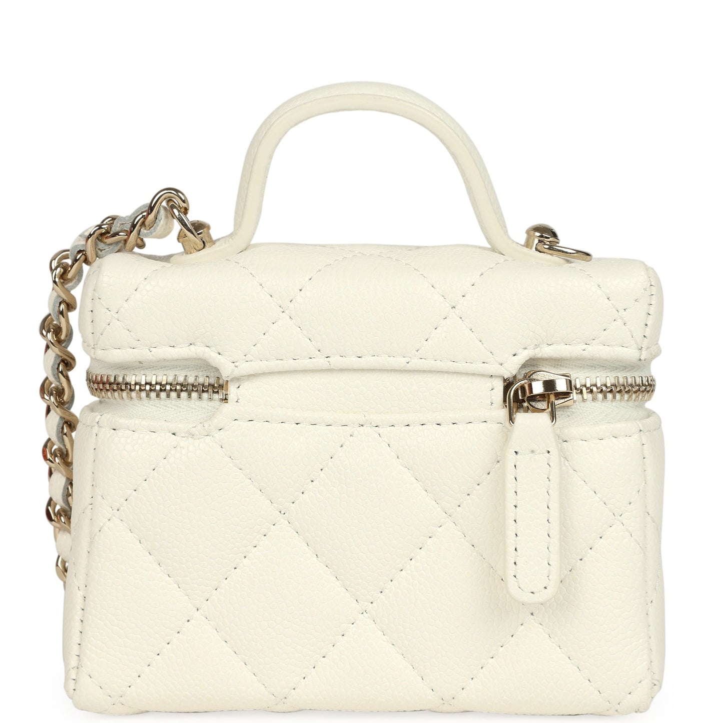 Chanel Micro Top Handle Vanity Case Bag Charm White Shiny Caviar Light Gold Hardware