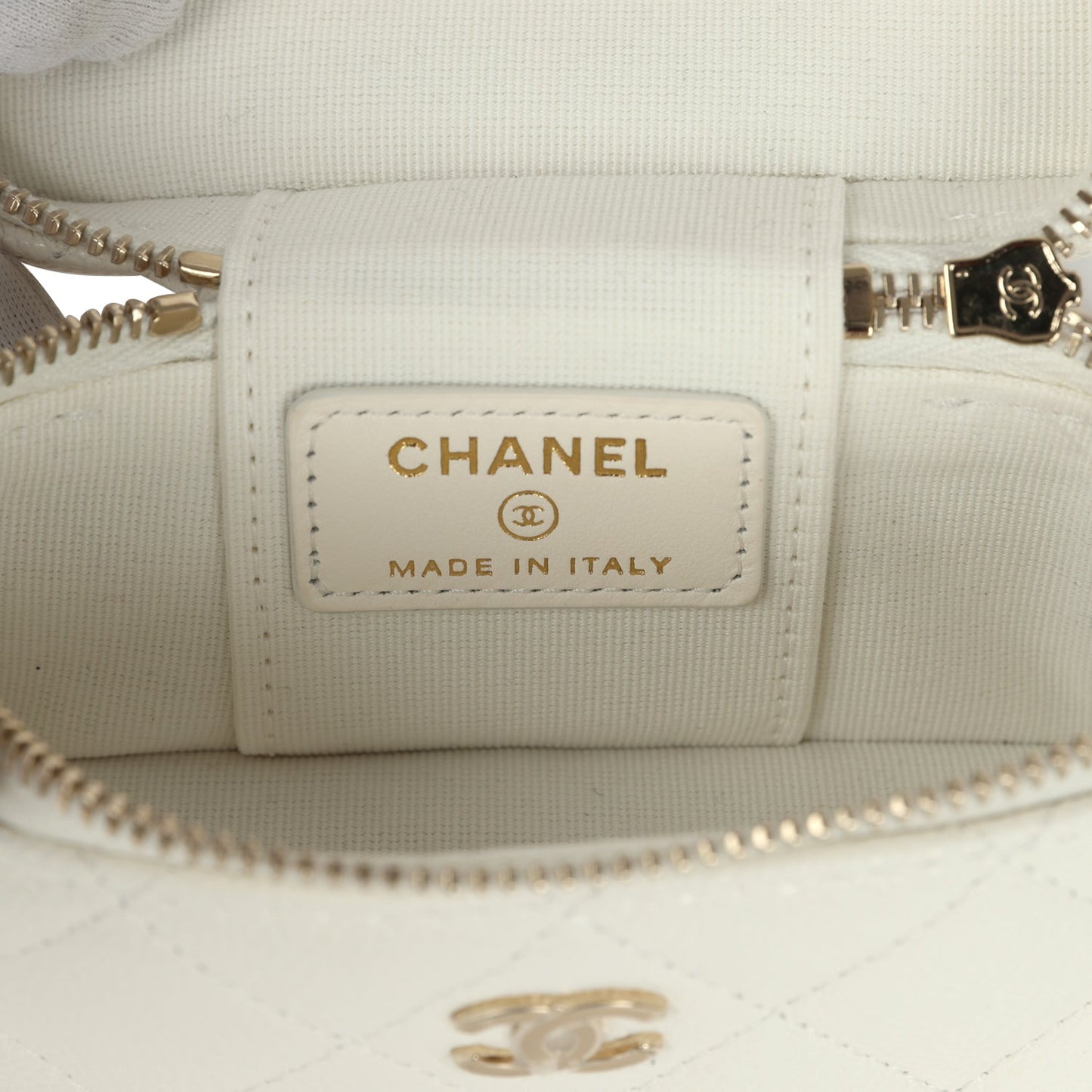 Chanel Micro Top Handle Vanity Case Bag Charm White Shiny Caviar Light Gold Hardware
