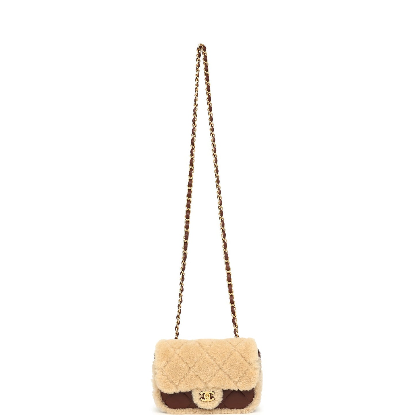 Chanel Mini Shearling Flap Bag Brown Lambskin Brushed Gold Hardware
