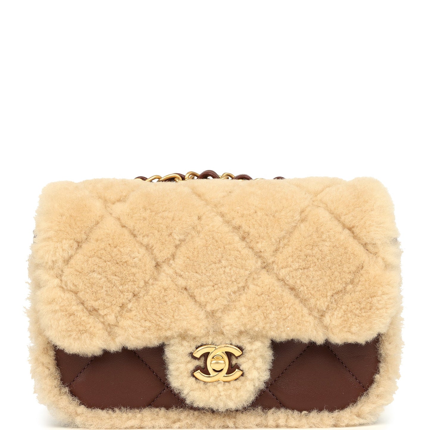 Chanel Mini Shearling Flap Bag Brown Lambskin Brushed Gold Hardware