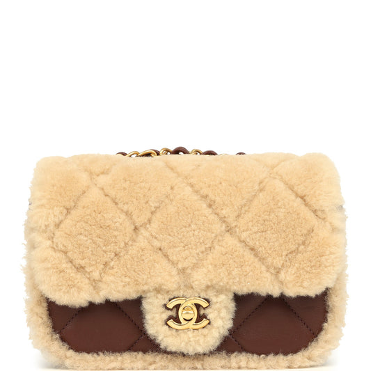 Chanel Mini Shearling Flap Bag Brown Lambskin Brushed Gold Hardware