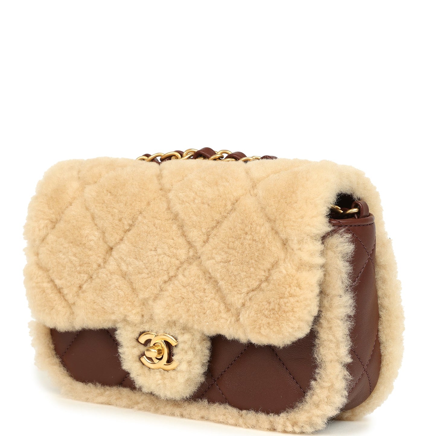 Chanel Mini Shearling Flap Bag Brown Lambskin Brushed Gold Hardware