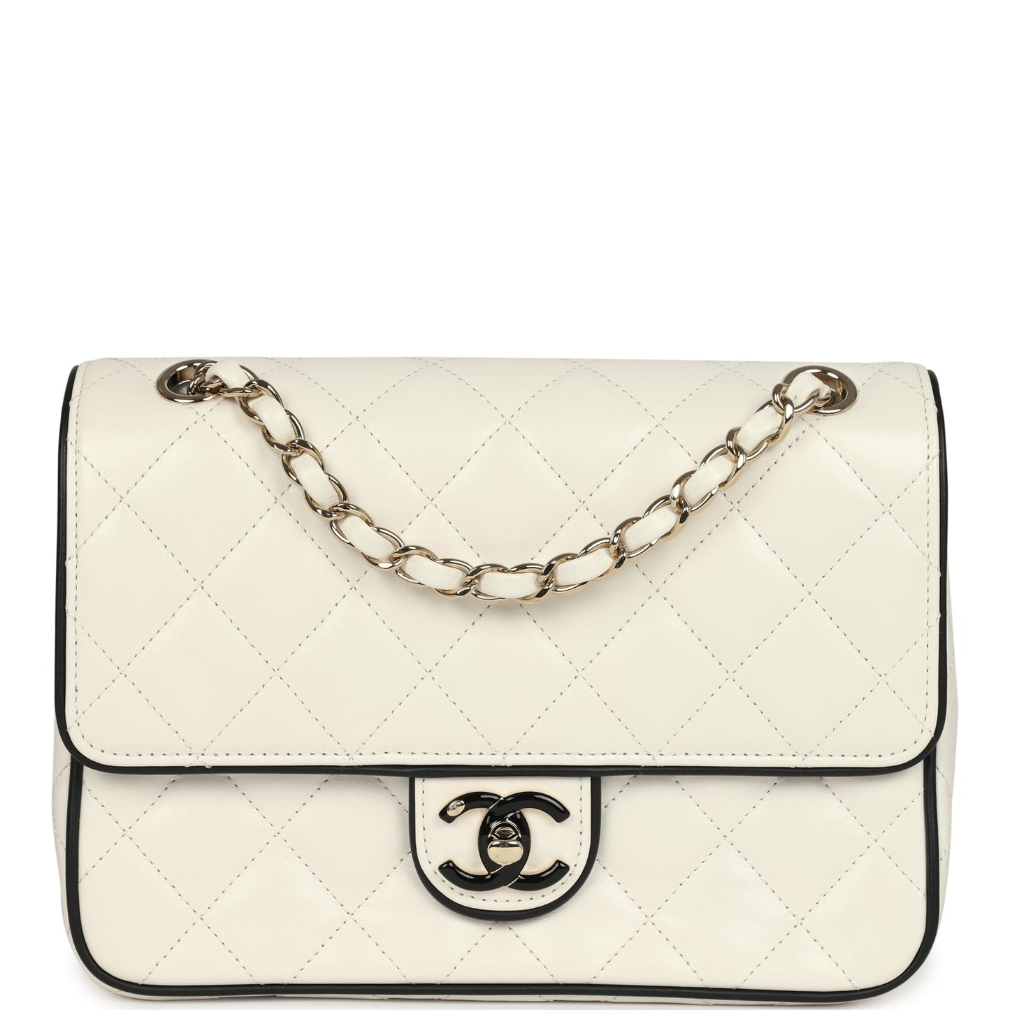 Chanel Small Graphic Frame Flap Bag White and Black Lambskin Light Gold Hardware