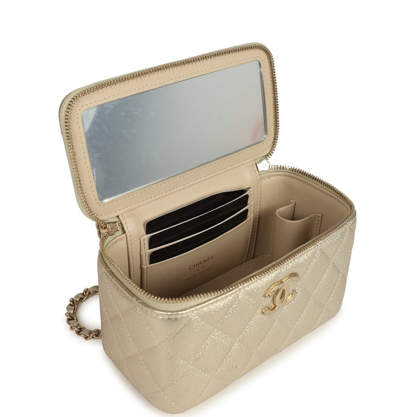 Chanel Small Classic Vanity Case Light Gold Metallic Caviar Brushed Light Gold Hardware