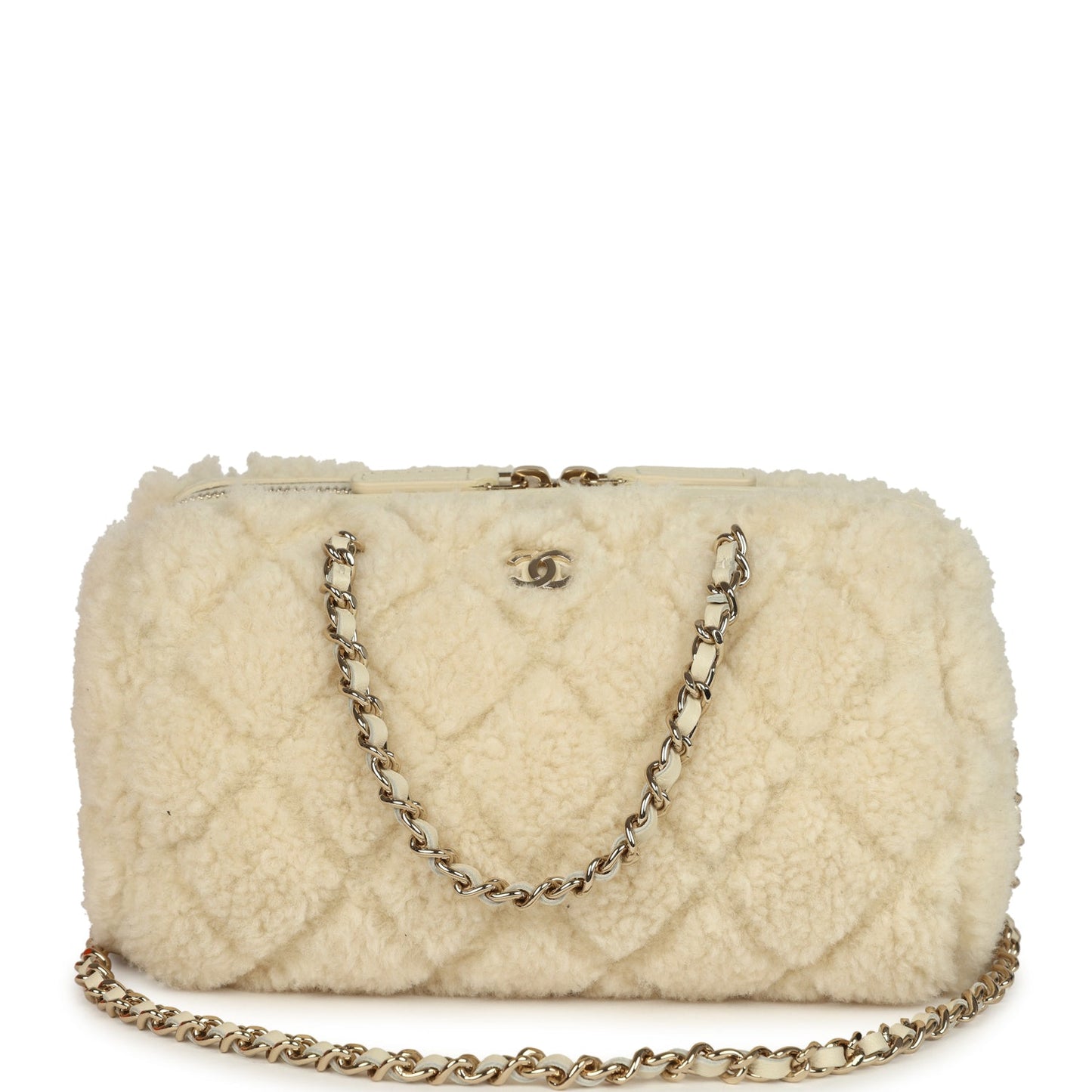 Chanel Mini Timeless Classic Barrel Bag with Chain Beige Shearling Light Gold Hardware