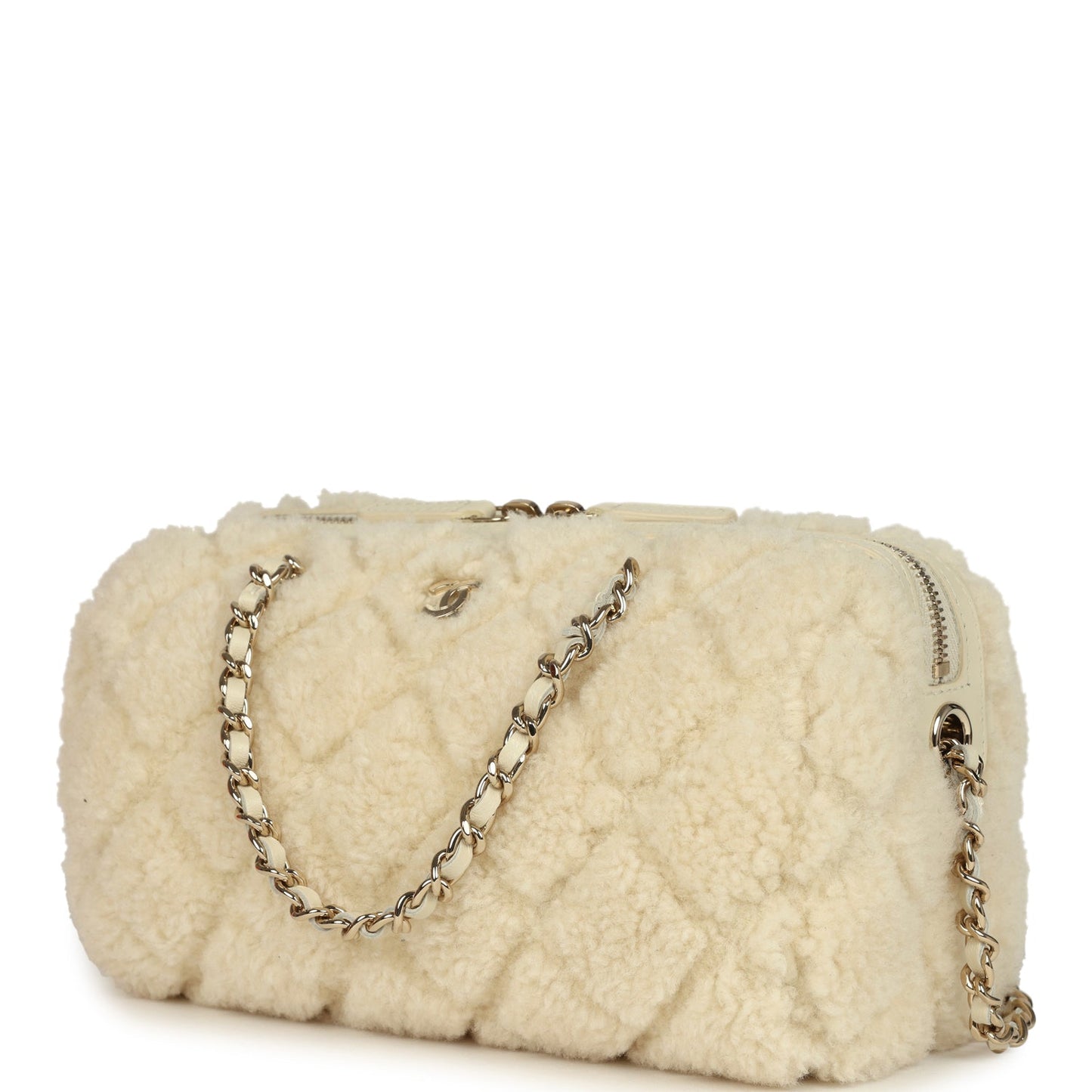 Chanel Mini Timeless Classic Barrel Bag with Chain Beige Shearling Light Gold Hardware