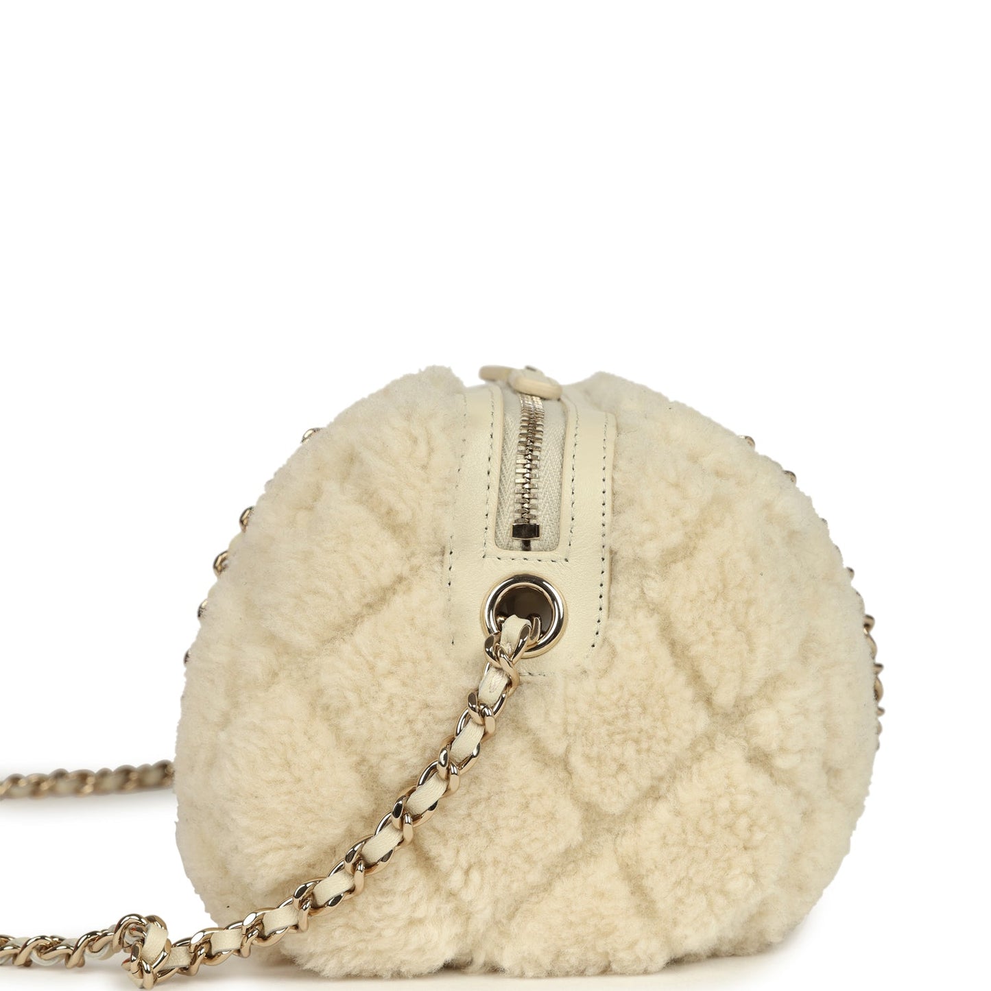 Chanel Mini Timeless Classic Barrel Bag with Chain Beige Shearling Light Gold Hardware
