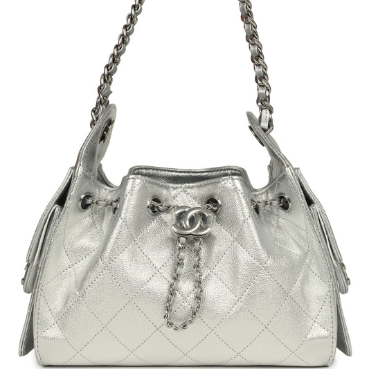 Chanel Mini 25 Hobo Bag Metallic Silver Caviar Silver Hardware