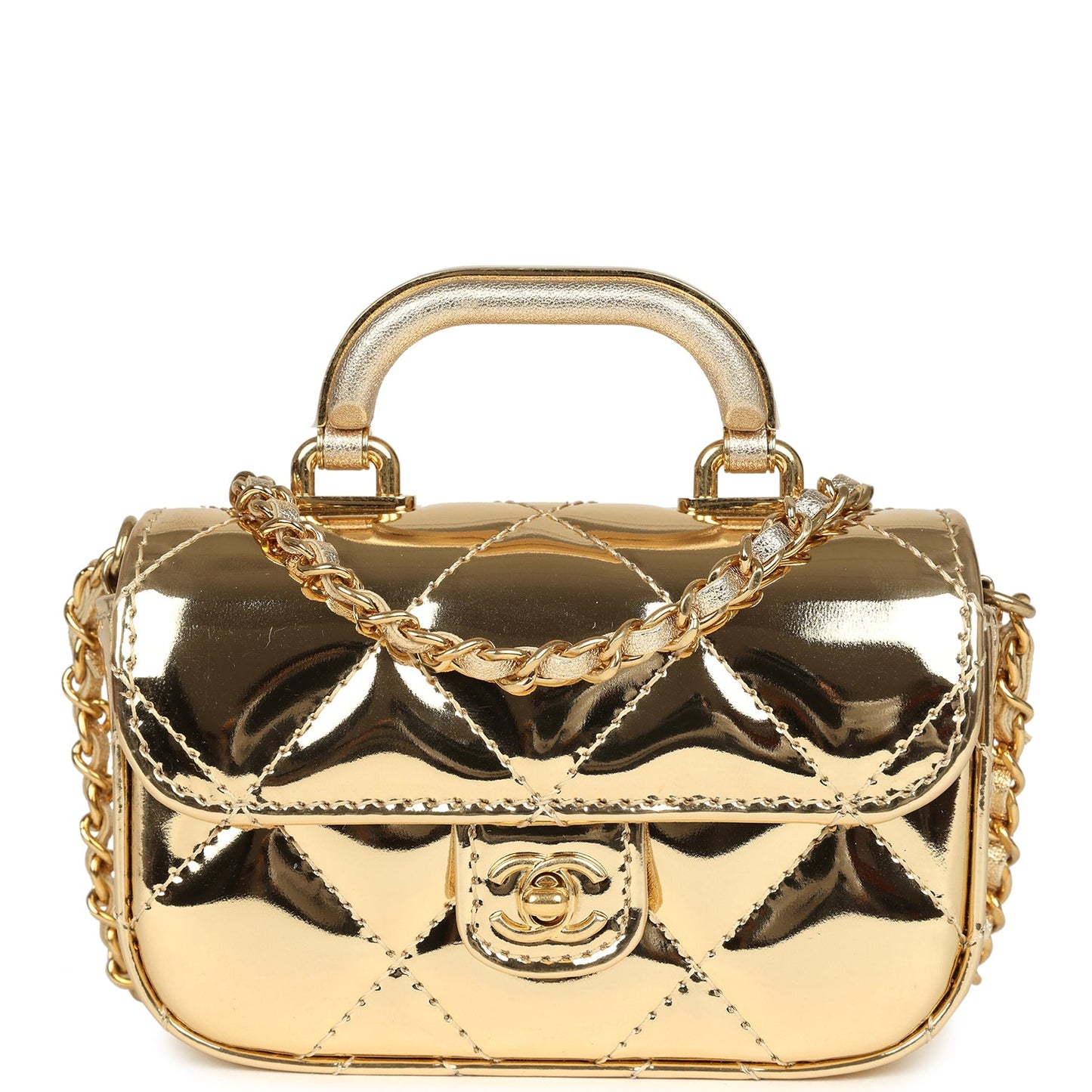 Chanel Micro Top Handle Flap Bag with Chain Light Gold Mirror Calfskin Gold Hardware