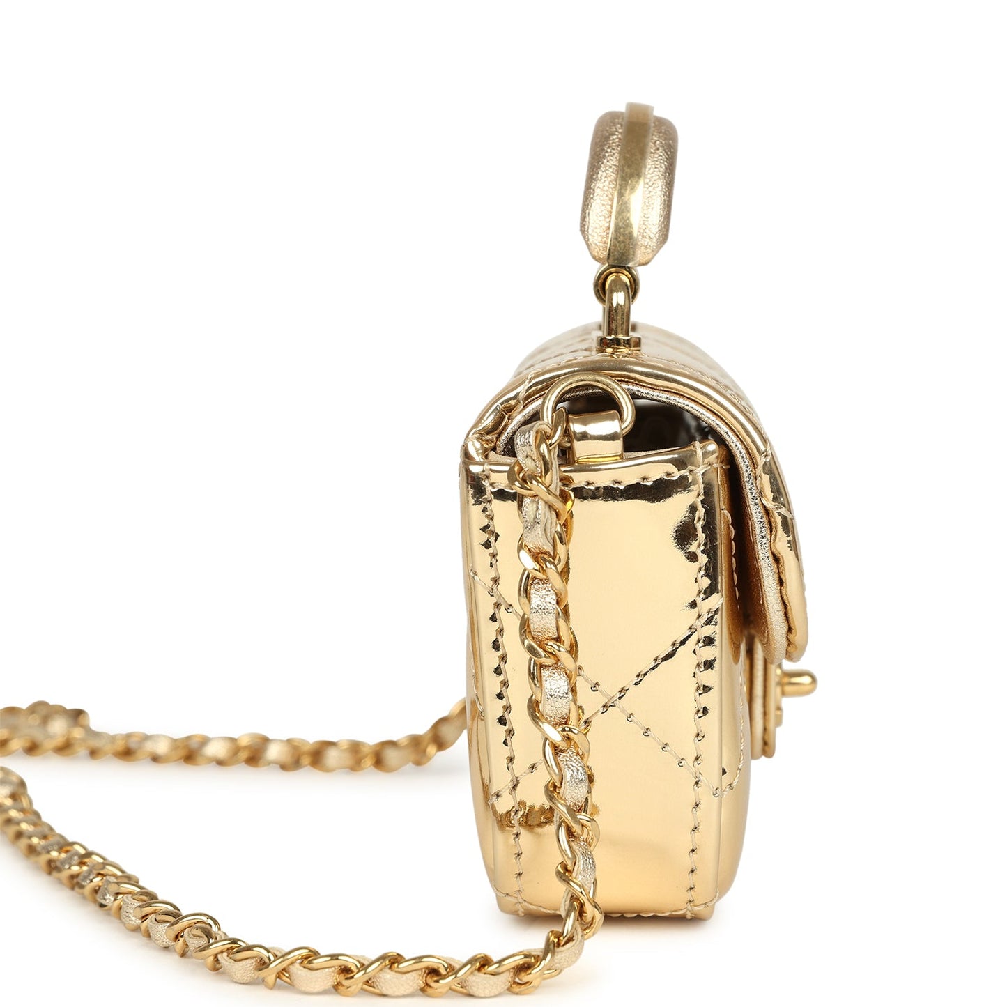 Chanel Micro Top Handle Flap Bag with Chain Light Gold Mirror Calfskin Gold Hardware