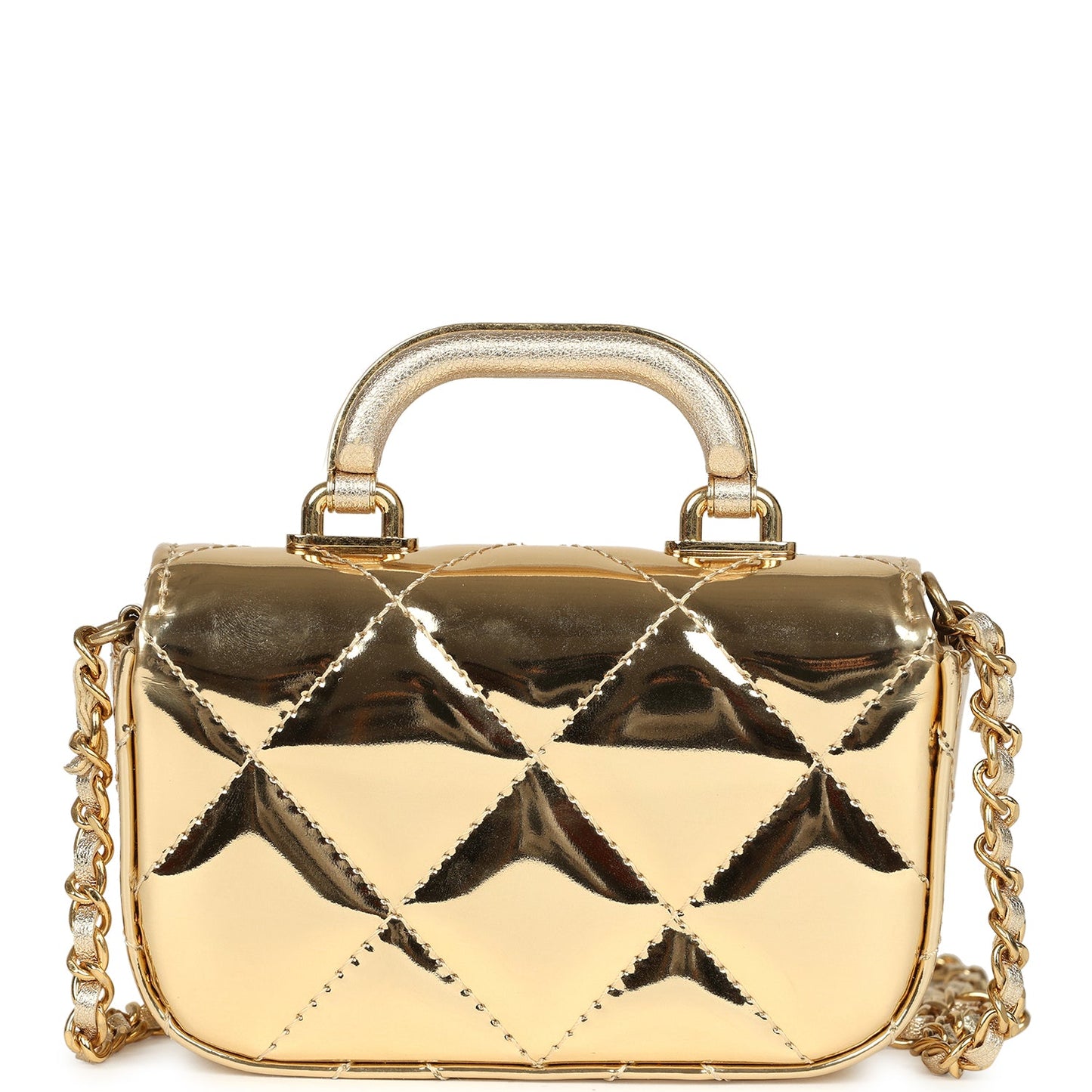 Chanel Micro Top Handle Flap Bag with Chain Light Gold Mirror Calfskin Gold Hardware