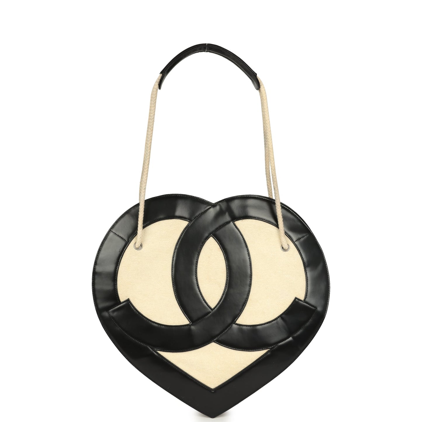 Pre-owned Chanel Jumbo Heart Tote Bag Cream Terry Cloth and Black Lambskin Silver Hardware