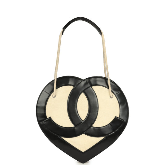 Pre-owned Chanel Jumbo Heart Tote Bag Cream Terry Cloth and Black Lambskin Silver Hardware