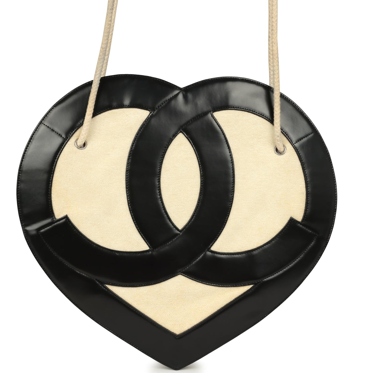 Pre-owned Chanel Jumbo Heart Tote Bag Cream Terry Cloth and Black Lambskin Silver Hardware
