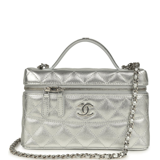 Chanel Top Handle Long Vanity Case with Chain Metallic Silver Shiny Caviar Silver Hardware