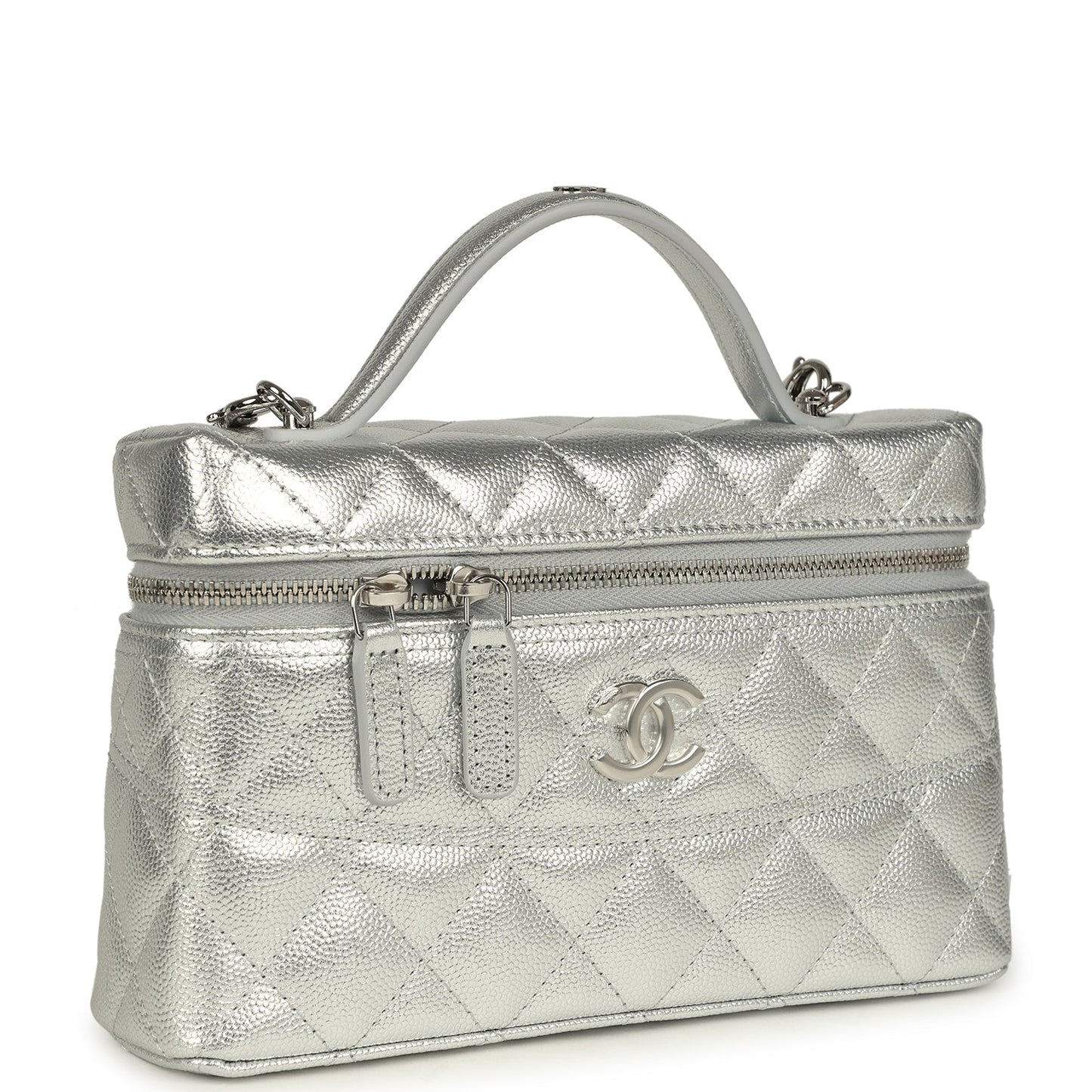 Chanel Top Handle Long Vanity Case with Chain Metallic Silver Shiny Caviar Silver Hardware
